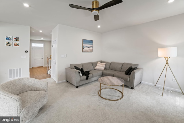 138 Merseyside Dr, Woolwich Twp, NJ 08085 - living room featuring light colored carpet, baseboards, recessed lighting, and ceiling fan