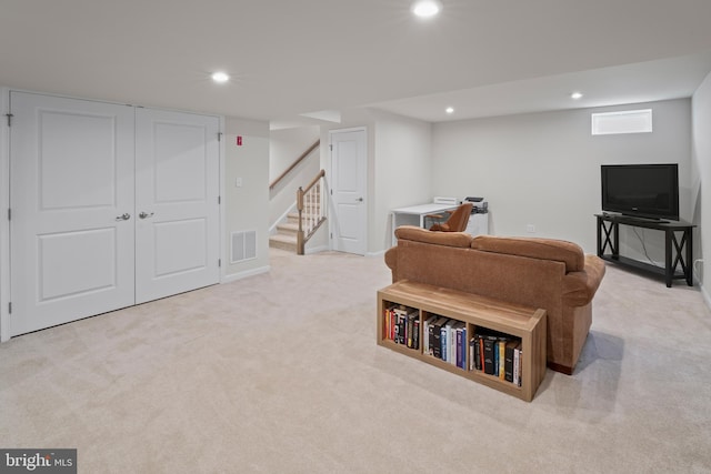 138 Merseyside Dr, Woolwich Twp, NJ 08085 - living room with carpet floors, recessed lighting, stairway, and baseboards