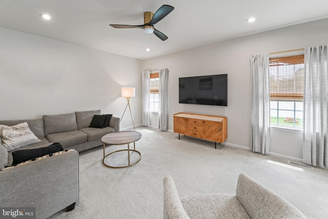138 Merseyside Dr, Woolwich Twp, NJ 08085 - living area with healthy amount of natural light, baseboards, carpet floors, ceiling fan, and recessed lighting