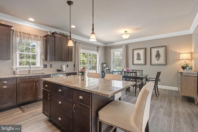 500 Prince George Dr, Lancaster, PA 17601 - kitchen featuring a breakfast bar, a sink, crown molding, dark brown cabinets, and light wood finished floors