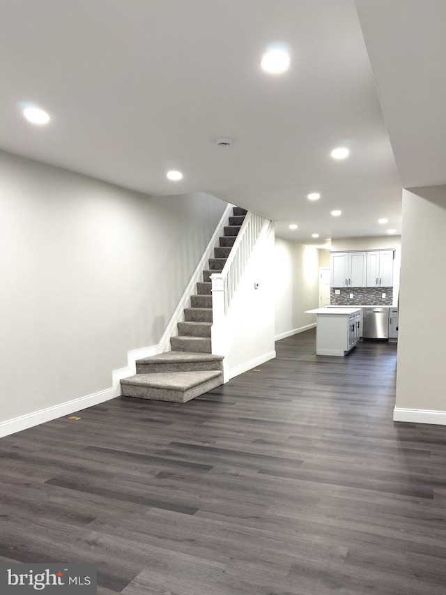 1736 E 30th St, Baltimore, MD 21218 - unfurnished living room featuring stairway, recessed lighting, and dark wood finished floors