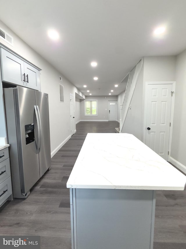 1736 E 30th St, Baltimore, MD 21218 - kitchen featuring stainless steel refrigerator with ice dispenser, recessed lighting, a center island, dark wood-style floors, and gray cabinets