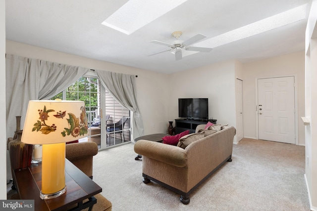 82 Cheverny Ct, Hamilton, NJ 08619 - carpeted living area with a skylight and a ceiling fan