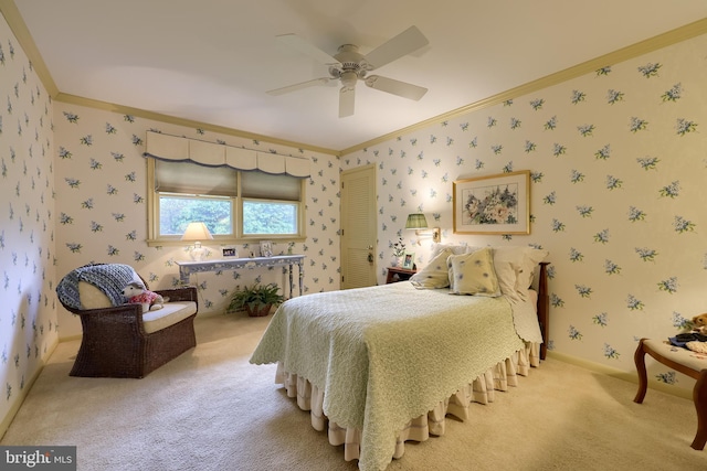 1545 Farr Rd, Wyomissing, PA 19610 - bedroom featuring crown molding, light colored carpet, wallpapered walls, baseboards, and ceiling fan