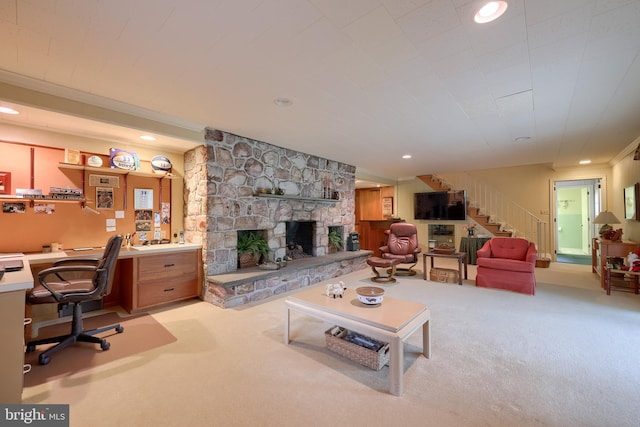 1545 Farr Rd, Wyomissing, PA 19610 - carpeted living area featuring a desk, stairs, a fireplace, and recessed lighting