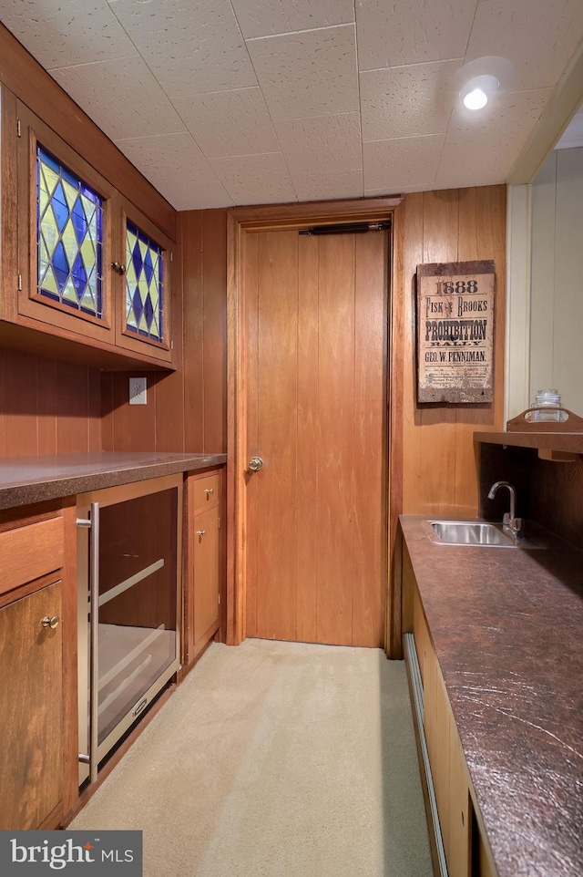1545 Farr Rd, Wyomissing, PA 19610 - bar featuring wine cooler, a sink, wood walls, and carpet