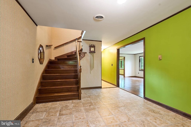 7423 Round Hill Rd, Frederick, MD 21702 - stairway featuring baseboards and stone finish flooring