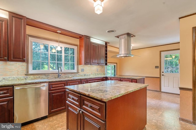 7423 Round Hill Rd, Frederick, MD 21702 - kitchen with dishwasher, island range hood, plenty of natural light, and decorative backsplash