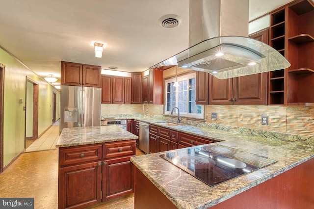 7423 Round Hill Rd, Frederick, MD 21702 - kitchen featuring stainless steel appliances, island exhaust hood, a sink, backsplash, and light stone countertops