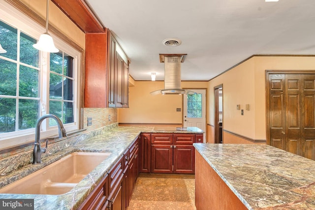 7423 Round Hill Rd, Frederick, MD 21702 - kitchen featuring a sink, island exhaust hood, healthy amount of natural light, pendant lighting, and ornamental molding