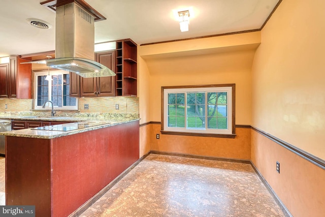 7423 Round Hill Rd, Frederick, MD 21702 - kitchen with a sink, baseboards, island exhaust hood, and backsplash