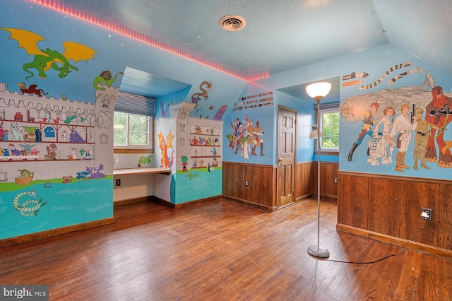 7423 Round Hill Rd, Frederick, MD 21702 - game room featuring vaulted ceiling, wood finished floors, a wainscoted wall, plenty of natural light, and wood walls