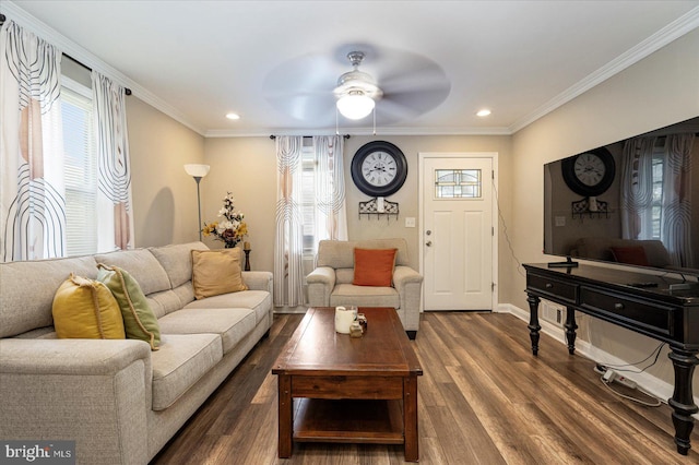 4406 Furley Ave, Baltimore, MD 21206 - living area with ceiling fan, dark wood-style floors, recessed lighting, ornamental molding, and baseboards