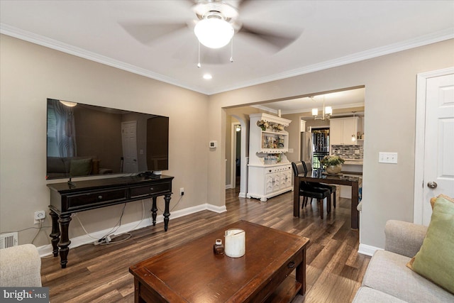 4406 Furley Ave, Baltimore, MD 21206 - living area with a ceiling fan, dark wood-style flooring, ornamental molding, and baseboards
