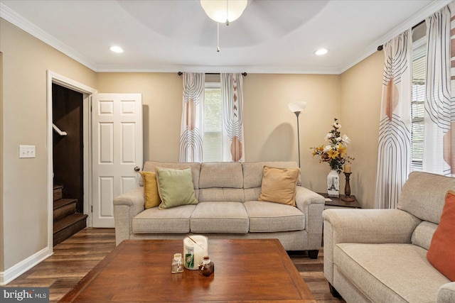 4406 Furley Ave, Baltimore, MD 21206 - living room with dark wood-style floors, crown molding, recessed lighting, baseboards, and stairway