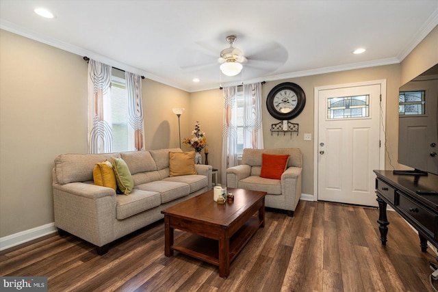 4406 Furley Ave, Baltimore, MD 21206 - living room featuring dark wood finished floors, baseboards, crown molding, ceiling fan, and recessed lighting