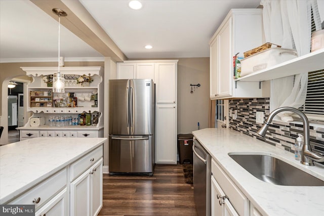 4406 Furley Ave, Baltimore, MD 21206 - kitchen featuring stainless steel appliances, a sink, open shelves, white cabinetry, and ornamental molding