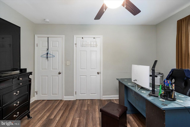 4406 Furley Ave, Baltimore, MD 21206 - office area featuring a ceiling fan, dark wood-style flooring, and baseboards