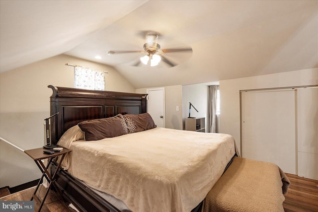 4406 Furley Ave, Baltimore, MD 21206 - bedroom featuring wood finished floors, vaulted ceiling, a closet, and a ceiling fan