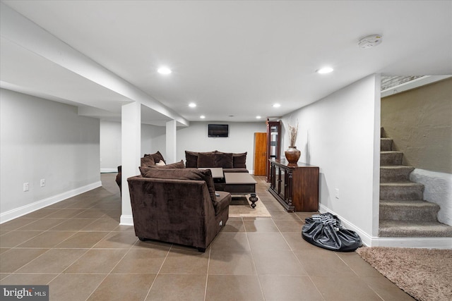 4406 Furley Ave, Baltimore, MD 21206 - living area featuring recessed lighting, tile patterned flooring, stairway, and baseboards