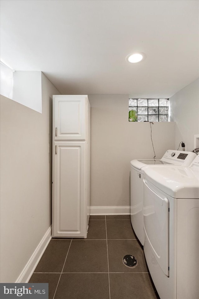 4406 Furley Ave, Baltimore, MD 21206 - laundry room featuring washing machine and clothes dryer, dark tile patterned flooring, and baseboards