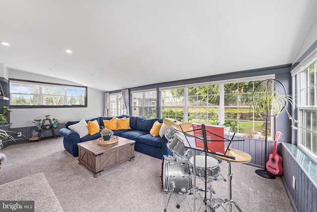 428 Hampshire Dr, Broomall, PA 19008 - living room featuring lofted ceiling, carpet floors, plenty of natural light, and recessed lighting
