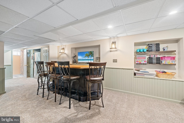 428 Hampshire Dr, Broomall, PA 19008 - indoor dry bar featuring carpet, a wainscoted wall, and a drop ceiling