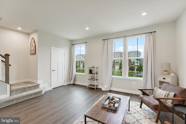 118 Fletcher Cir, Middletown, DE 19709 - living room with stairway, wood finished floors, baseboards, and recessed lighting