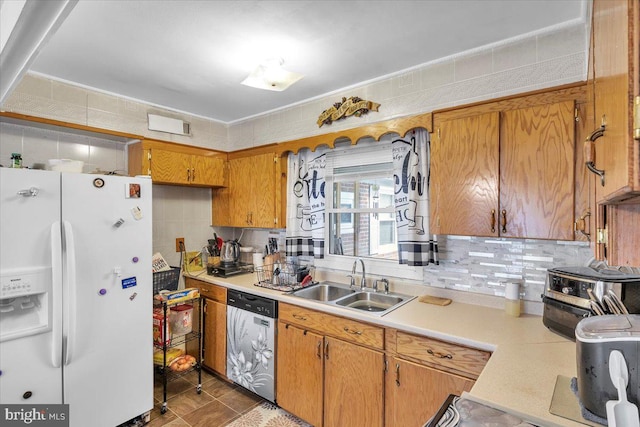 96 Messenger Ln, Willingboro, NJ 08046 - kitchen featuring white fridge with ice dispenser, dishwasher, a sink, light countertops, and backsplash