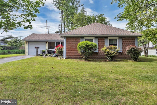 96 Messenger Ln, Willingboro, NJ 08046 - ranch-style house featuring driveway, a front lawn, an attached garage, brick siding, and roof with shingles