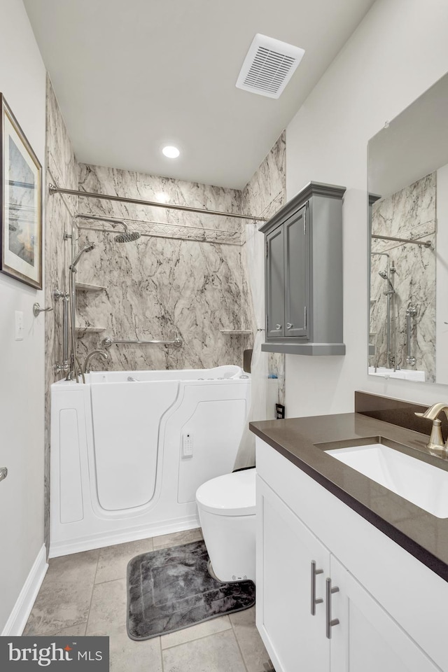 31107 Olney Way, Millsboro, DE 19966 - full bathroom with a bath, vanity, a marble finish shower, toilet, and tile patterned flooring