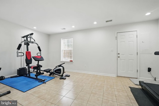 21748 Kings Crossing Ter, Ashburn, VA 20147 - workout area with recessed lighting, baseboards, and light tile patterned floors