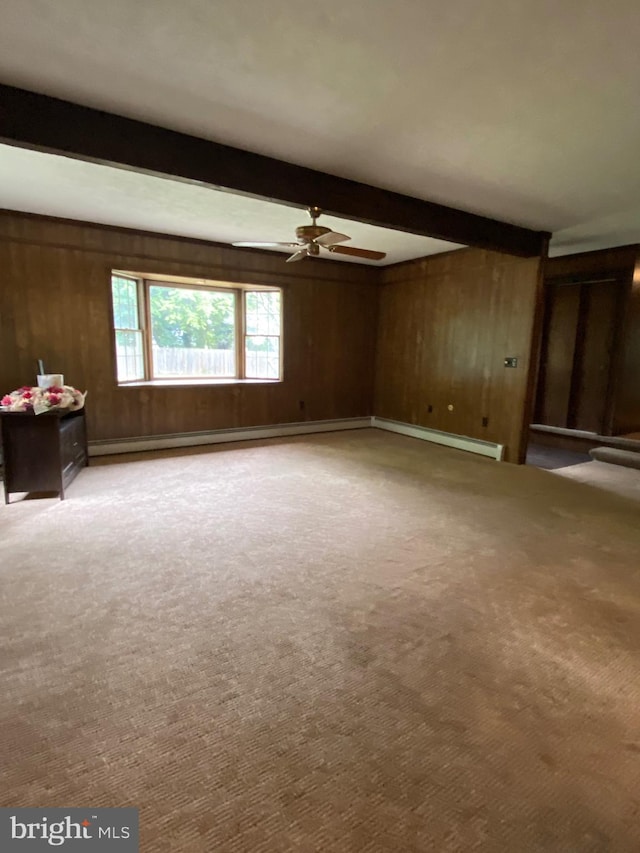 724 Ocean Ave, Galloway, NJ 08205 - unfurnished living room with beamed ceiling, wooden walls, carpet flooring, ceiling fan, and baseboard heating