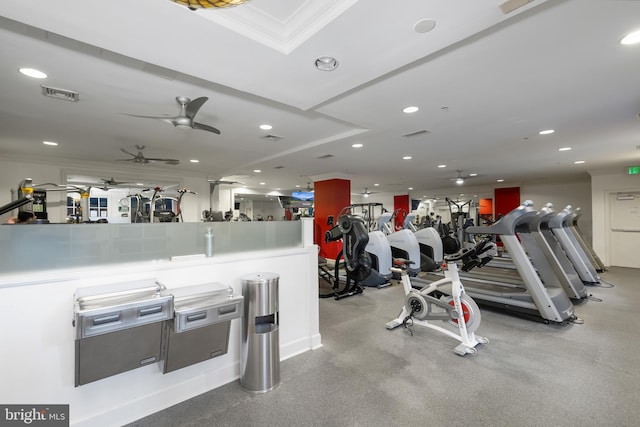 2665 Prosperity Ave Unit 109, Fairfax, VA 22031 - exercise room with a ceiling fan, recessed lighting, and ornamental molding