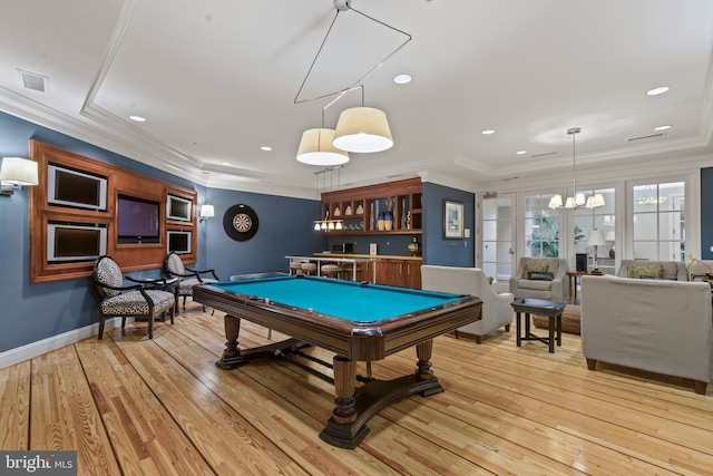 2665 Prosperity Ave Unit 109, Fairfax, VA 22031 - playroom featuring ornamental molding, light wood-style floors, pool table, a chandelier, and recessed lighting