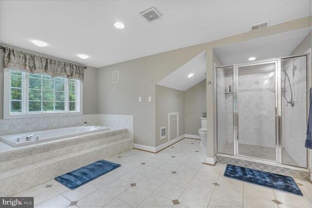 4904 Charmed Ct, Woodbridge, VA 22192 - full bath featuring a garden tub, toilet, a shower stall, tile patterned floors, and recessed lighting