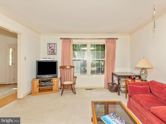 2409 Bear Den Rd, Frederick, MD 21701 - carpeted living room featuring crown molding and baseboards