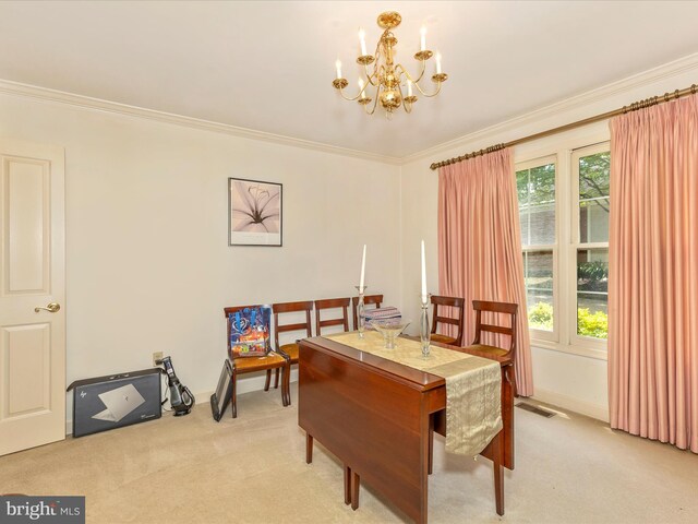2409 Bear Den Rd, Frederick, MD 21701 - dining area with light colored carpet, a chandelier, ornamental molding, a desk, and baseboards