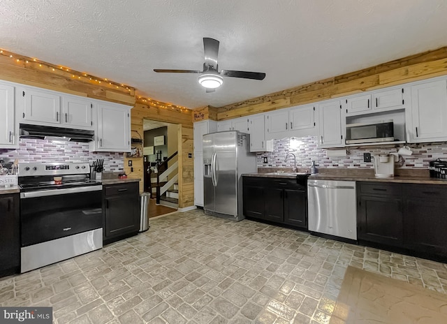 24950 Morgan Rd, Hollywood, MD 20636 - kitchen featuring appliances with stainless steel finishes, under cabinet range hood, a sink, tasteful backsplash, and wood walls