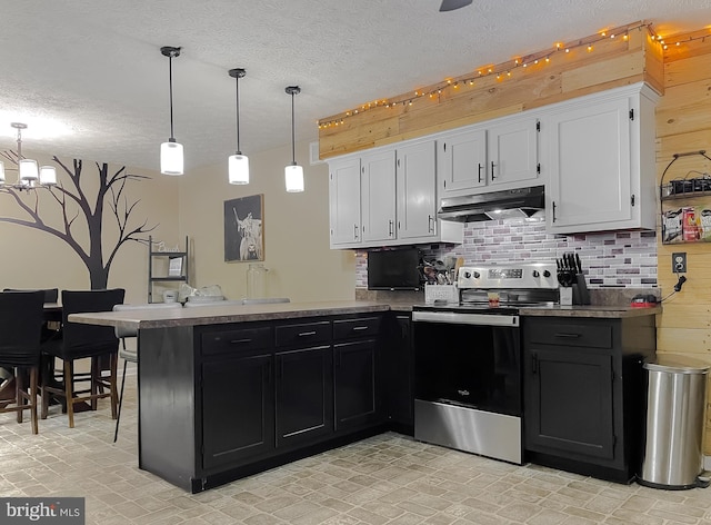 24950 Morgan Rd, Hollywood, MD 20636 - kitchen featuring under cabinet range hood, stainless steel electric range oven, a peninsula, backsplash, and white cabinets