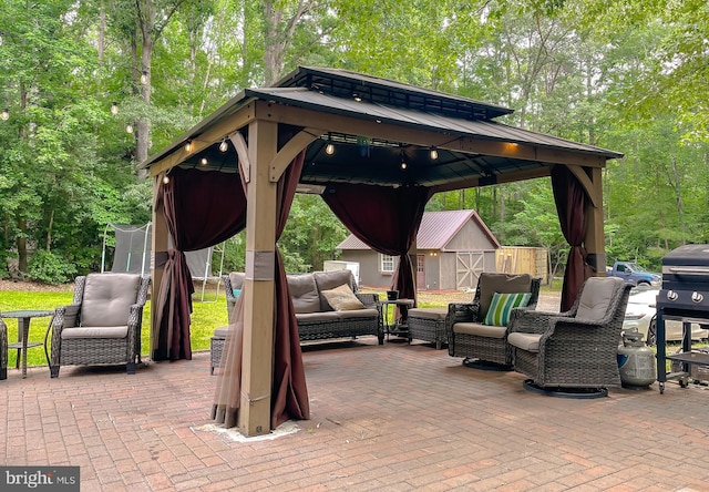 24950 Morgan Rd, Hollywood, MD 20636 - view of patio featuring an outdoor living space, a gazebo, and view of scattered trees