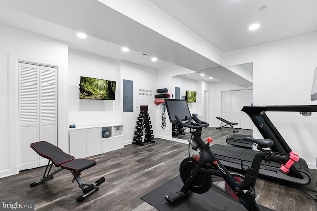 8516 Silver Laurel Ln, Frederick, MD 21704 - exercise room featuring electric panel, dark wood-style floors, recessed lighting, and baseboards