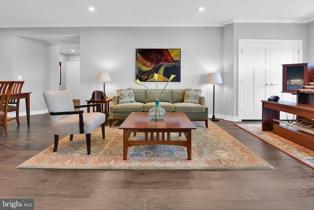 3411 Angelica Way Unit 303, Frederick, MD 21704 - living room featuring baseboards, recessed lighting, ornamental molding, and dark wood-style flooring