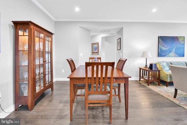3411 Angelica Way Unit 303, Frederick, MD 21704 - dining room featuring dark wood-type flooring, ornamental molding, baseboards, and recessed lighting