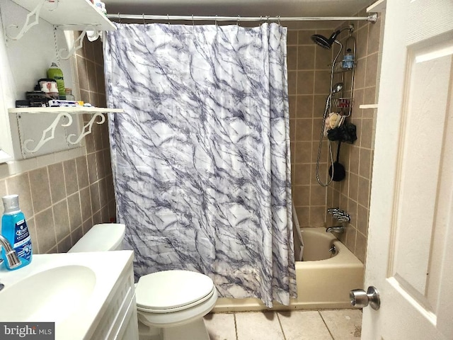 6553 N Smedley St, Philadelphia, PA 19126 - full bathroom featuring tile walls, tile patterned flooring, toilet, shower / bathtub combination with curtain, and vanity