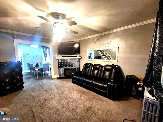 6553 N Smedley St, Philadelphia, PA 19126 - living room with ceiling fan, carpet flooring, a fireplace, ornamental molding, and baseboards