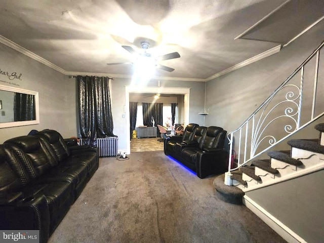 6553 N Smedley St, Philadelphia, PA 19126 - carpeted living room with a ceiling fan, radiator heating unit, crown molding, and stairs