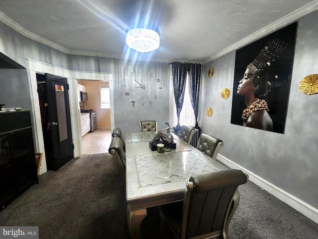 6553 N Smedley St, Philadelphia, PA 19126 - carpeted dining room featuring crown molding, a chandelier, and baseboards