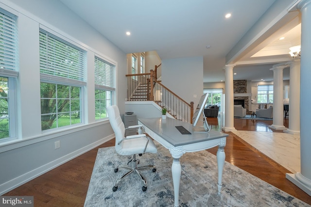 11 Ridings Way, West Chester, PA 19382 - office space featuring decorative columns, a fireplace, baseboards, recessed lighting, and wood finished floors