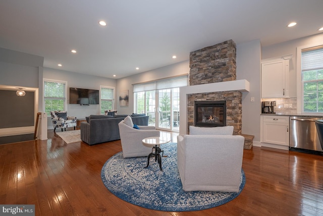 11 Ridings Way, West Chester, PA 19382 - living room with dark wood-style floors, a fireplace, and recessed lighting